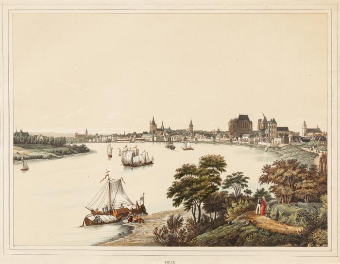 Köln. - Coeln, Gesamtansicht von Norden von einer Anhöhe aus, mit einigen Schiffen auf dem Rhein und den ersten Häusern von Mülheim. Um 1840.