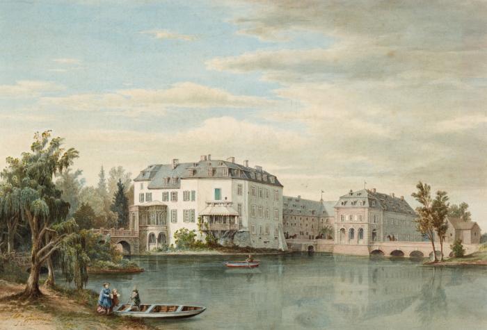 Nordrhein-Westfalen. - Weeze. Schloss Wissen. Malerische Gesamtansicht, erste Hälfte 19. Jahrhundert.