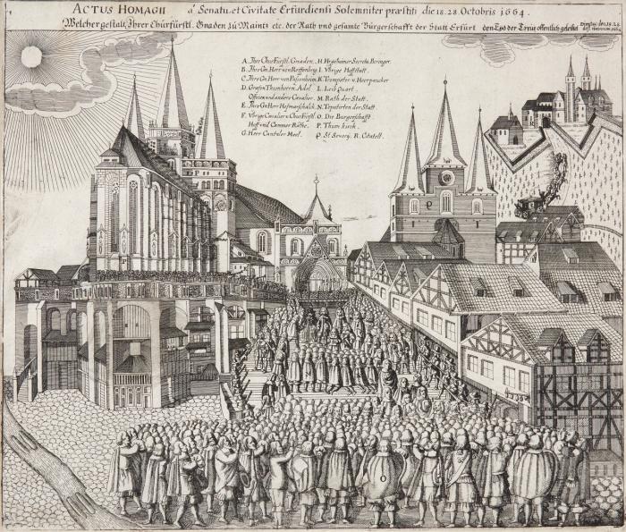 Erfurt. - Actus Homagii à Senatu et Civitate Erfurdiensi solemniter praestiti die 18. / 28. Octobris 1664 ... Vor Dom, Severinskirche und der Festung Petersberg leisten Rat und Bürgerschaft von Erfurt dem Mainzer Erzbischof Johann Philipp von Schönborn den Huldigungs- und Treueeid.
