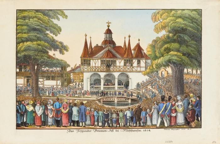 Thüringen. Mühlhausen. - Das Popperoder Brunnen-Fest bei Mühlhausen 1814, Gesamtansicht, mit der Brunnenfassung der Popperöder Quelle, dem Brunnenhaus sowie der Einfriedung, mit feiernder Menschenmenge.