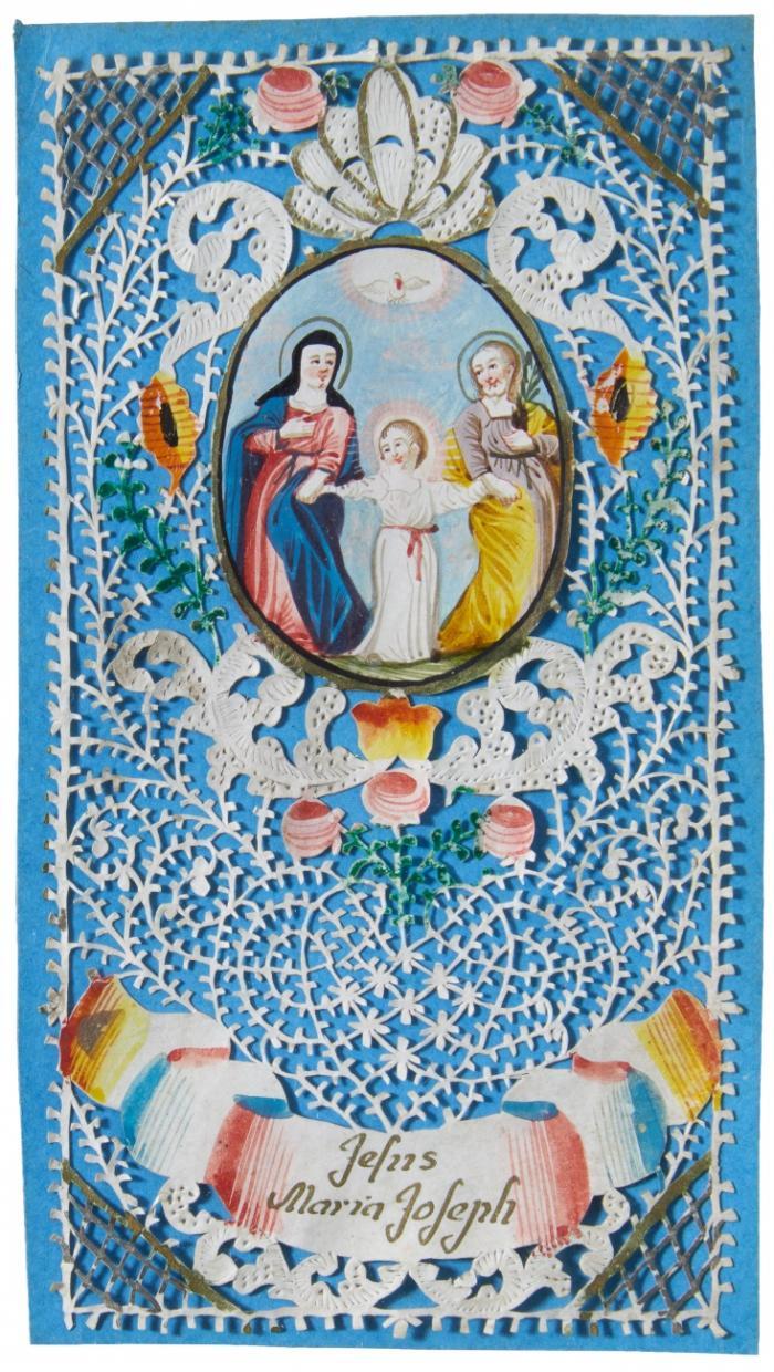 Andachtsgraphik. - Herz Jesu, mit Kreuz und Geißelwerkzeugen / St. Veronika, Effigies Christi. Schweißtuch der Veronika / Hl. Familie, Jesus Maria Joseph, jeweils von reichen floralen Ornamenten umgeben.