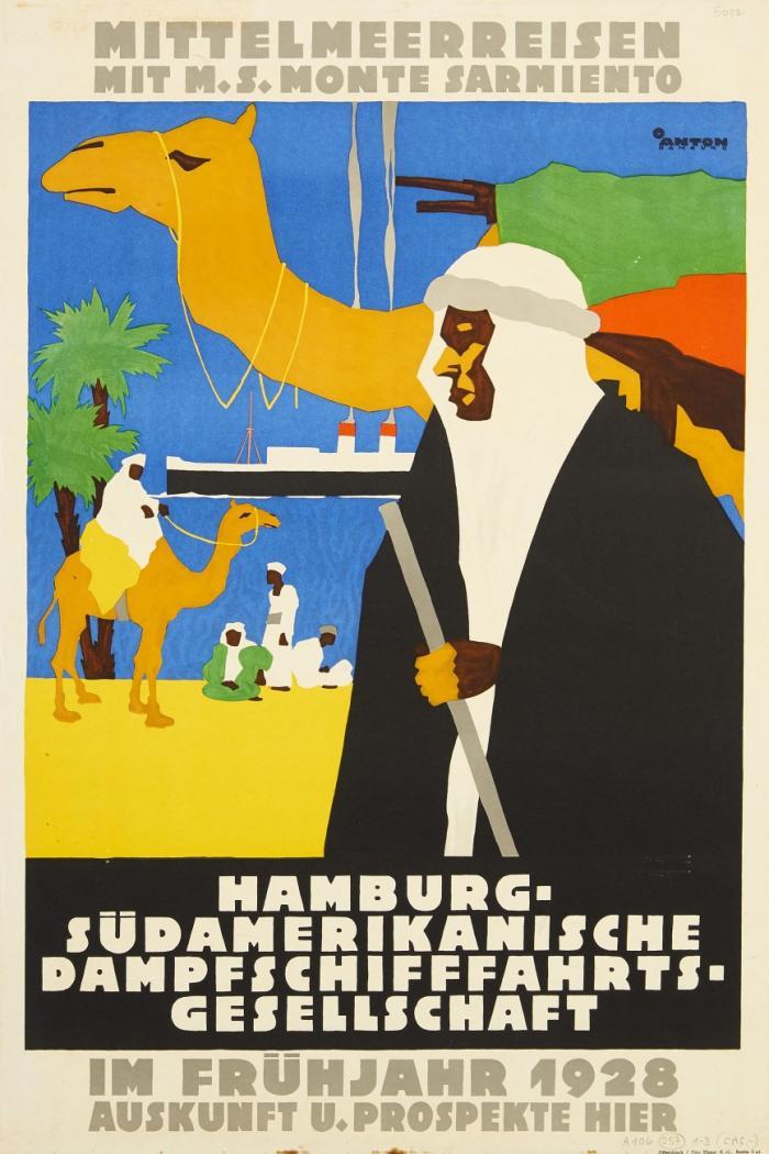 Reiseplakat. Mittelmeerreisen mit M.S. Monte Sarmiento - Hamburg-Südamerikanische Dampfschifffahrts-Gesellschaft.