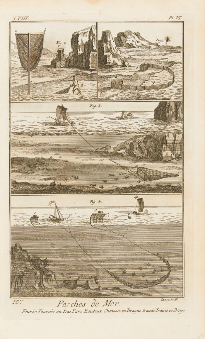 Fischerei. - Pêches, pêches de mer, pêches de rivieres, fabrique des filets etc. - Kapitel aus 'Recueil de planches, sur les sciences, les arts libéraux, et les arts méchaniques' von Diderot/d'Alembert, 9ème volume,