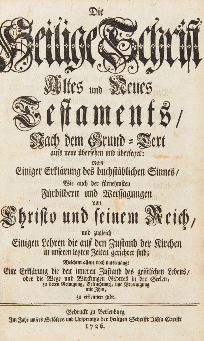 Die Heilige Schrift Altes und Neues Testaments, nach dem Grund- Text aufs neue übersehen und übersetzet: Nebst Einiger Erklärung des buchstäblichen Sinnes, Wie auch der fürnehmsten Fürbildern und Weissagungen von Christo und seinem Reich ...  Hrsg. von Joh., Fr. Haug.  8 Bde.