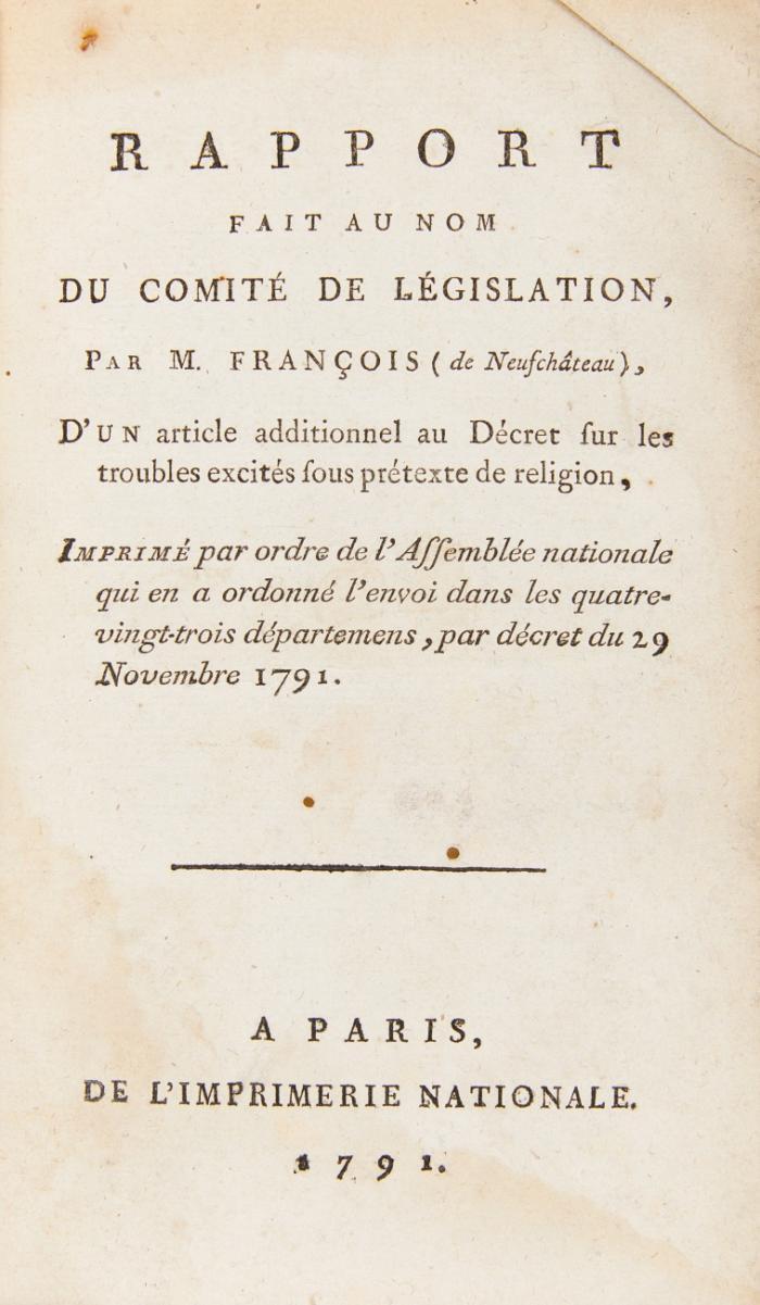 Französische Revolution. - Assemblée nationale législative. - Sammelband mit 12 Kleinschriften betr. das 'Décret sur les troubles excités sous prétexte de religion' vom 29. Nov. 1791.