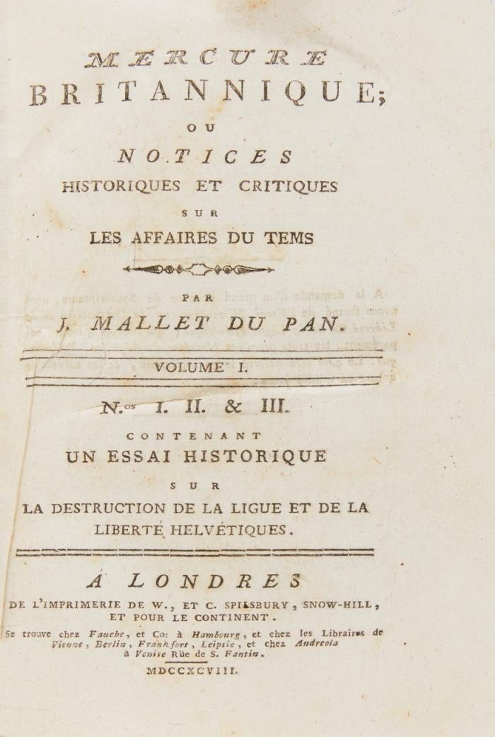Mercure Britannique; ou Notices historiques et critiques sur les affaires du tems. . N°1-32 in 4 Bdn. (v. 36 Nummer in 5 Bdn.).