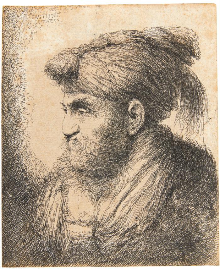 Porträt eines Mannes mit Bart und Schnurrbart, mit Turban im Profil nach links.