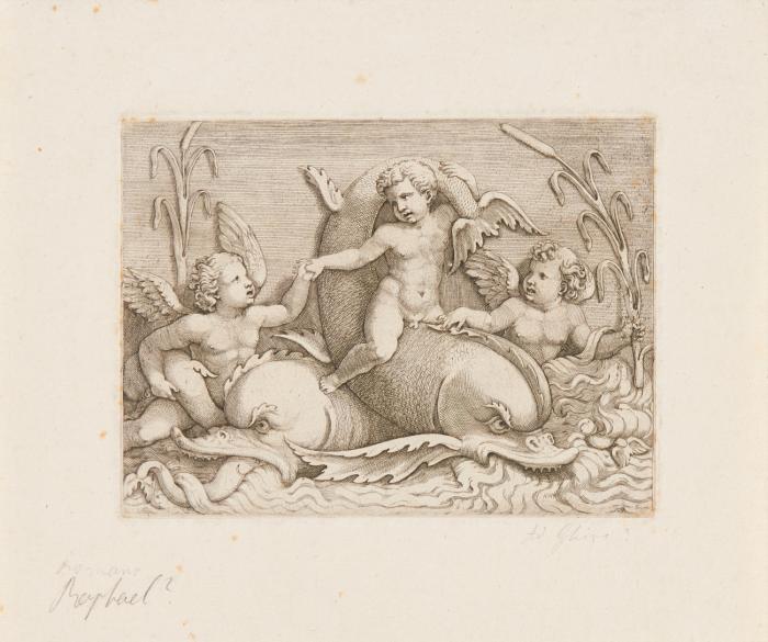 Adamo Scultori. Drei Putti, die auf Seeungeheuern reiten. Kupferstich. B. 23.
