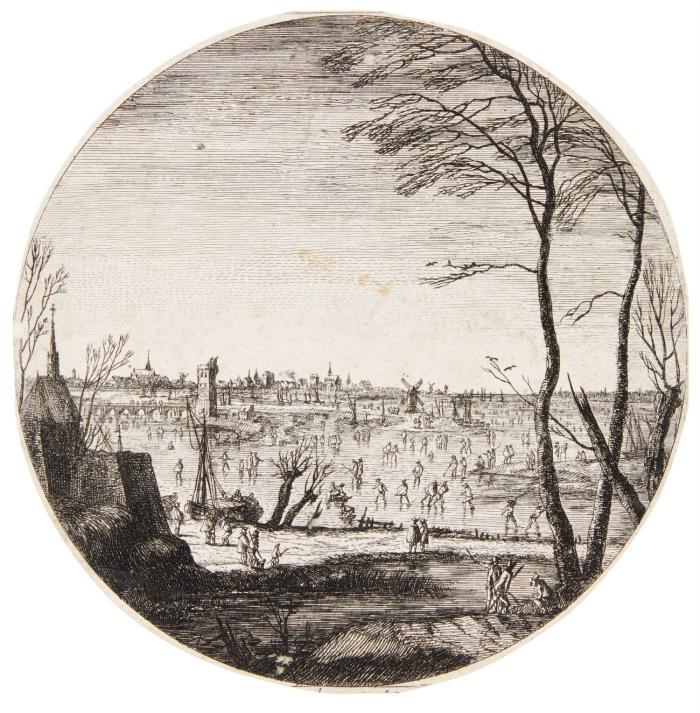 Landschaft mit Schlittschuhläufern.