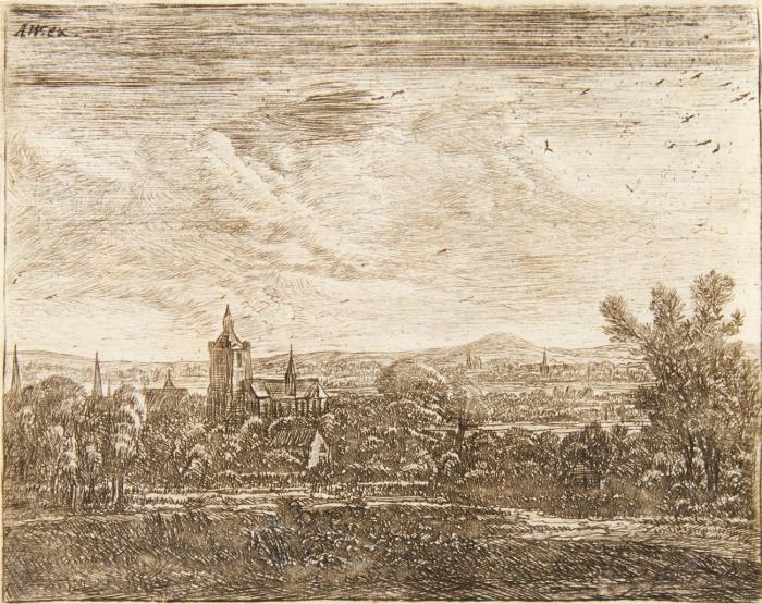 Landschaft mit Kirche im Mondlicht.