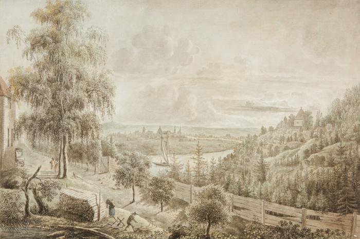 Anonym. Landschaft mit Fluss und Stadt im Mittelgrund.