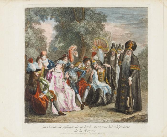 Don Quichotte prend le bassin d'un barbier pour l'armet de Mambrin / La Doloride affligée de sa barbe vient prier Don Quichotte de la Venger.