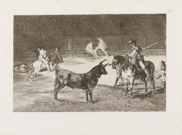 El célebre Fernando del Toro, Barilarguero, obligando á la fiera con su Garrocha, Blatt 27 aus der Folge Tauromaquia.