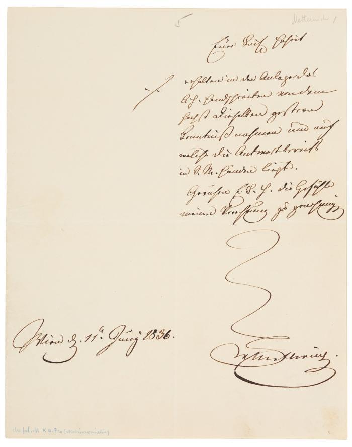 Werbung des französ. Thronfolgers Ferdinand-Philippe d'Orléans um die Hand der Erzherzogin Maria Theresia von Österreich, Tochter des Erzhzgs. Karl von Österreich-Teschen, 1836. Sammlung von OrBriefen und Schriftstücken von Hand des Erzhzgs. Karl, Ferdinand-Philippes d'Orléans, Clemens Wenzel Fürst von Metternich u.a.