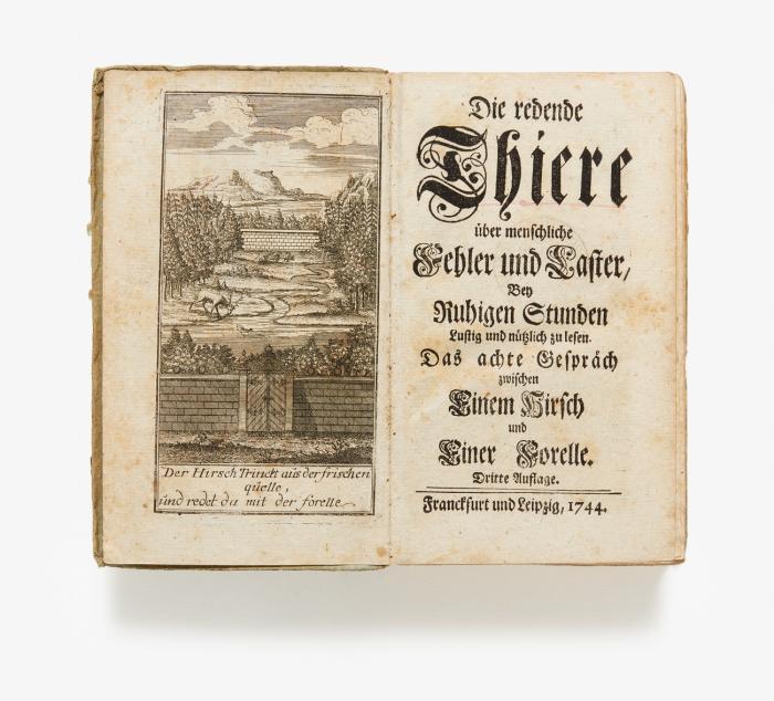 Die redende Thiere über menschliche Fehler und Laster, bey ruhigen Stunden lustig und nützlich zu lesen. Erstes (- Vierzehendes / Zwey und zwantzigstes - Sechs und dreyßigstes) Gespräch. 29 Tle. (v. 43) in 4 Bden. Mischauflage (1.-5. Aufl.).