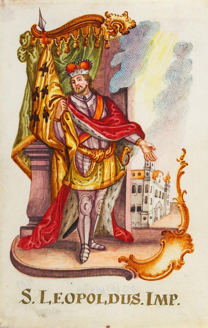 Andachtsgraphik. - Leopold III., genannt der Heilige. S. Leopoldus Imp., in Kurhut, Hermelinmantel und mit Banner mit dem österreichischen Wappen, stehend auf einem Podest, daneben Säule und Akantusdekor. im Hintergrund Gebäude (Stift Klosterneuburg ?).