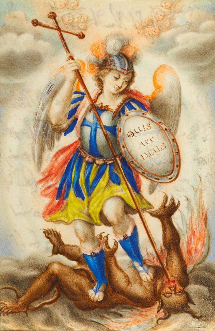 Andachtsgraphik. - Hl. Michael. Quis ut Deus, in Rüstung und mit Schild, den Teufel in Gestalt des gefallenen Engels, mit einer Lanze niederstechend; darüber schwebend einige Putten.