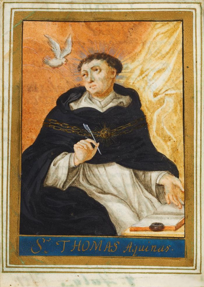 Andachtsgraphik. - Hl. Thomas von Aquin. S. Thomas Aquinus, als Dominikaner mit schwarzer Capa, Feder, Buch und Taube des Hl. Geistes zu seiner Rechten.