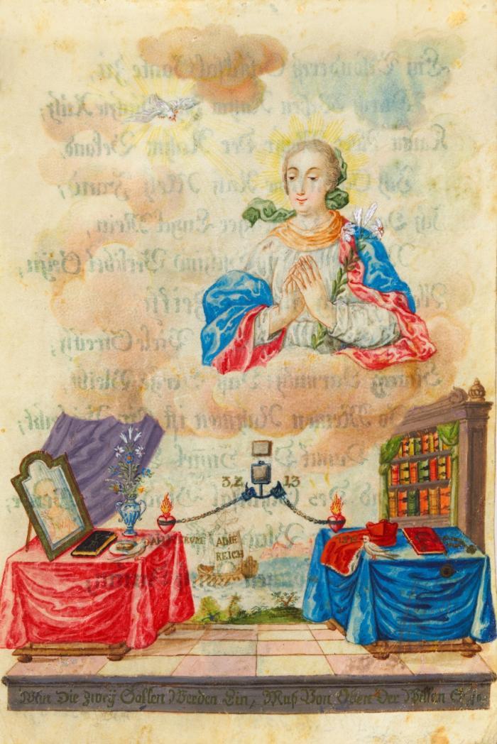 Friedensallegorie / Freimaurer. - Wen Die Zwey Sollen Werden Ein, Muß Von Oben der Willen Sein, Allegorische Darstellung mit weiblicher Heiligenfigur und Friedenstaube in der oberen Hälfte, über 2 gegenübergestellten Tischen auf einem Podest, verbunden durch zwei zusammengekettete brennende Herzen. Unten links Tisch mit Spiegel, darin undeutliches Porträt; rechts Bücherregal und Tisch mit Symbolen eines christlichen Würdenträgers; in der Mitte Staatsschiff auf Hoher See. (Weitere Gegenstände weisen auf den Wunsch nach Religionsfrieden und kirchlicher Einheit hin).