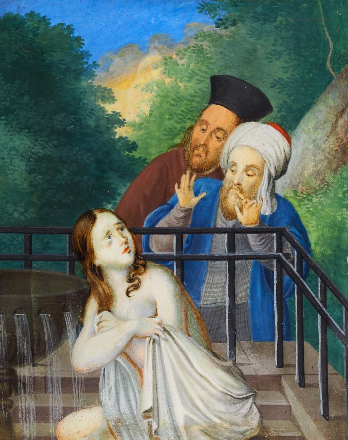 Susanna im Bade und die beiden Alten. - Susanna, mit einem Tuch verhüllt in einem umzäunten Brunnen sitzend, dahinter die beiden Alten, mit landschaftlichem Hintergrund.