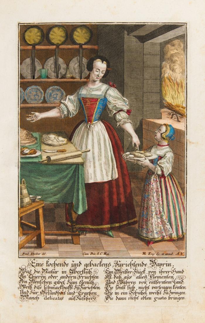 Kostümdarstellungen. Handarbeiten. – Jungfrauen Arbeit, Kunst und Fleiß. Augsburg, um 1735/40.