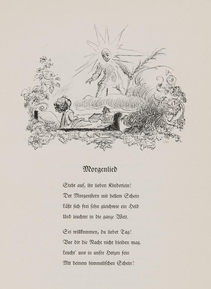 Zeichnungen zu Kinderliedern, Tierfabeln und Märchen.