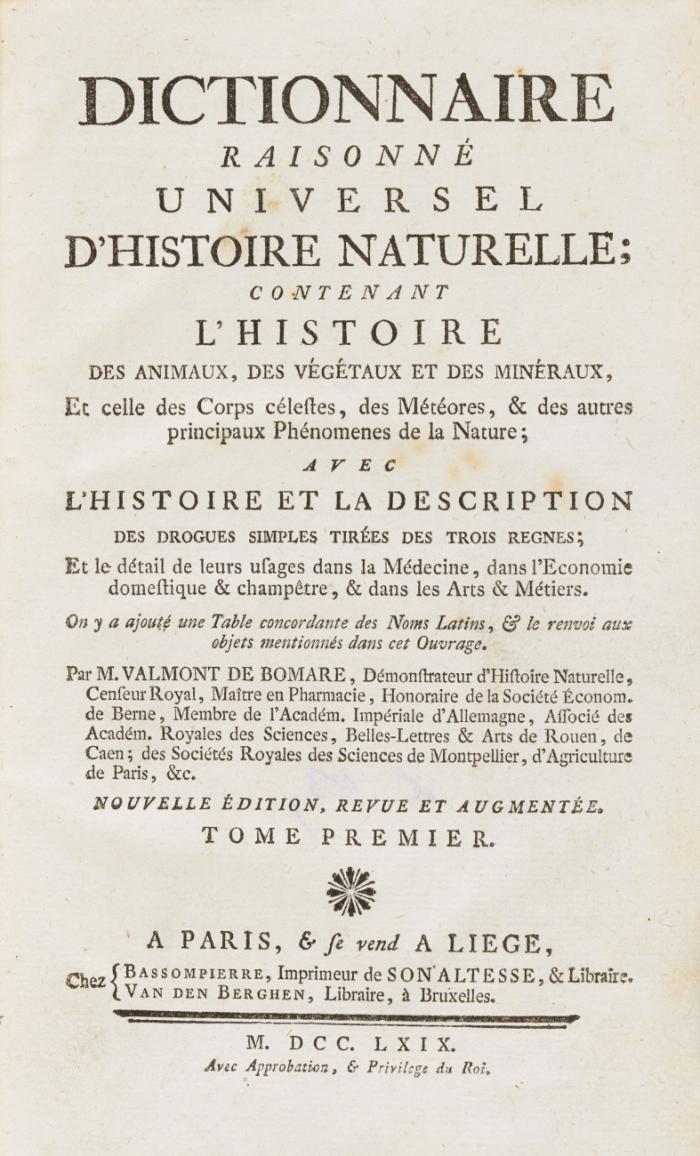 Dictionnaire raisonné universel d'histoire naturelle; contenant l'histoire des animaux, des végétaux et des minéraux. Nouvelle éd., rev. et augmentée. 6 Bde.