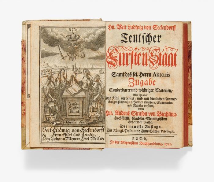 Teutscher Fürsten-Staat samt des sel. Herrn Autoris Zugabe sonderbarer und wichtiger Materien, vor itzo aber mit Fleiß verbessert, und mit dienlichen Anmerckungen samt dazu gehörigen Kupffern, Summarien, und Register versehen, durch Hn.Andres Simson von Biechling. Die neueste Auflage. 2 Tle. in 1 Bd.