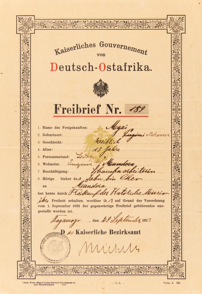 Freibrief des Kaiserl. Gouvernements von Deutsch-Ostafrika für die 13jährige Sklavin Mgai.