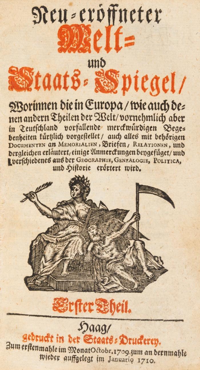 Neu-eröffneter Welt- und Staats-Spiegel: worinnen die in Europa, wie auch denen andern Theilen der Welt, vornehmlich aber in Teutschland vorfallende merckwürdigen Begebenheiten kürtzlich vorgestellet ... und Historie erörtert wird. Tle. 1-100  in 8 Bdn.