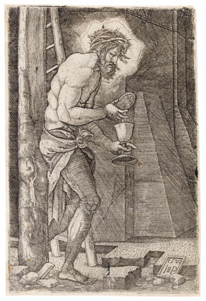 Der Schmerzensmann am Fuß des Kreuzes.
