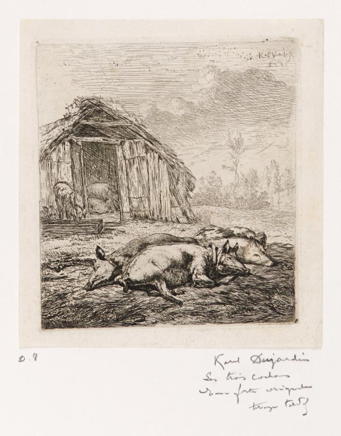 Drei schlafende Schweine vor dem Schweinestall. 1652. Dorf auf dem Hügel. 1658.