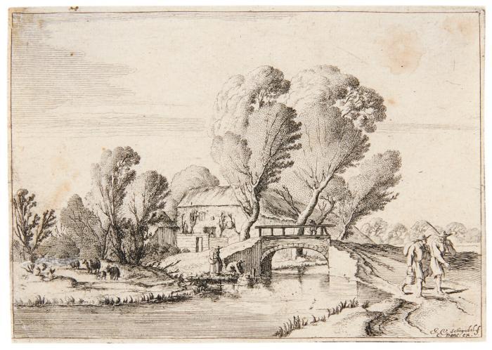 Die Landschaft mit zwei Wanderern vor einer Brücke und einem Bauernhaus.