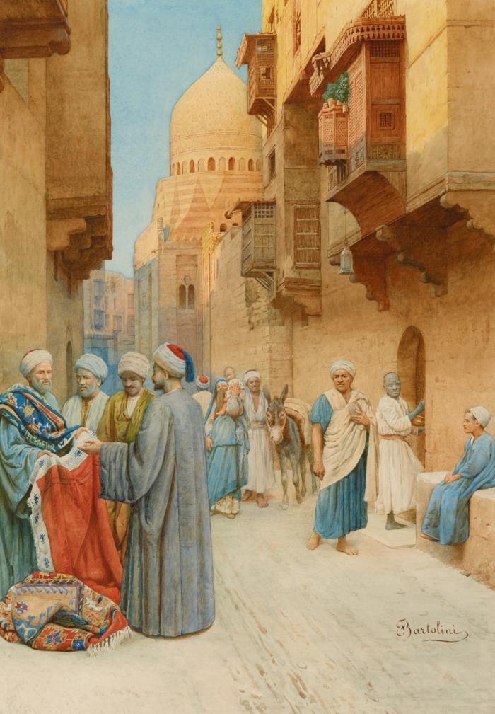 Orientalische Straßenszene mit Teppichhändler