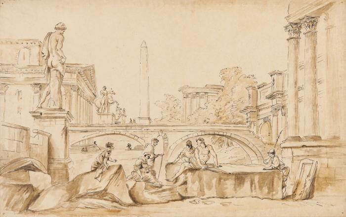 Antike Szene mit Brücke, Obelisk und Stadtarchitektur (Rom ?).