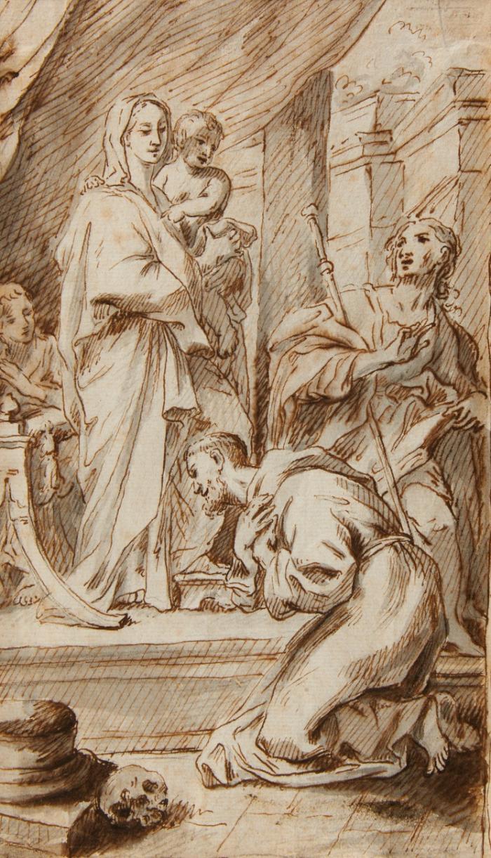Die Mutter Gottes mit dem Kinde, vor dem sich ein Mönch zu Boden wirft.