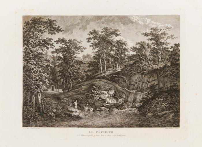 Le Pêcheur (Kleines Gewässer mit Wasserfall und Angler mit Frau und Kind)