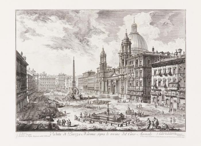 Veduta di Piazza Navona sopra le rovine del Circo Agonale (Die Piazza Navona mit St. Agnese rechts).