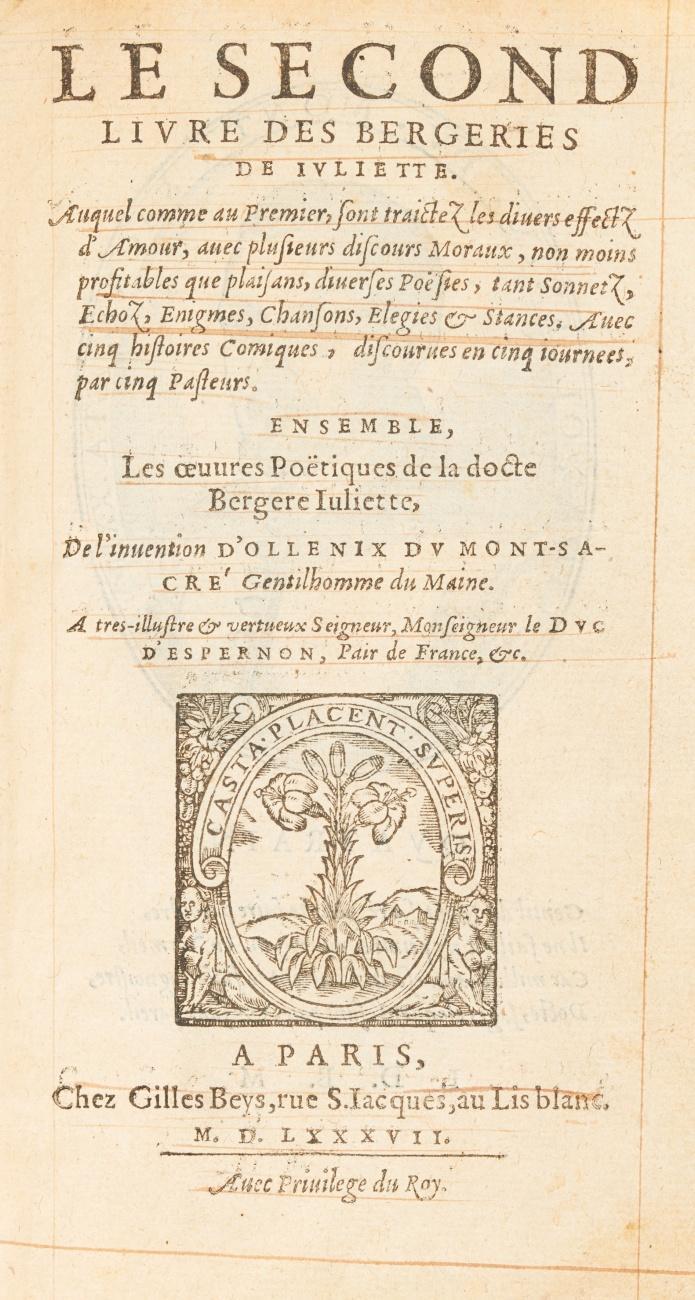 Le second livre des bergeries de Ivlliette. Auquel comme au premier, sont traictez les diuers effectz d’amour, auec plusieurs discours moraux, non moins profitables que plaisans, diuerses poësies, tant sonnetz, echoz, enigmes, chansons, elegies & stances. Auec cinq histoires comiques, discourues en cinq iournees, par cinq pasteurs. Ensemble les oeuures poëtiques de la docte bergere Iuliette, de l'inuention d'Ollenix dv Mont-Sacré.