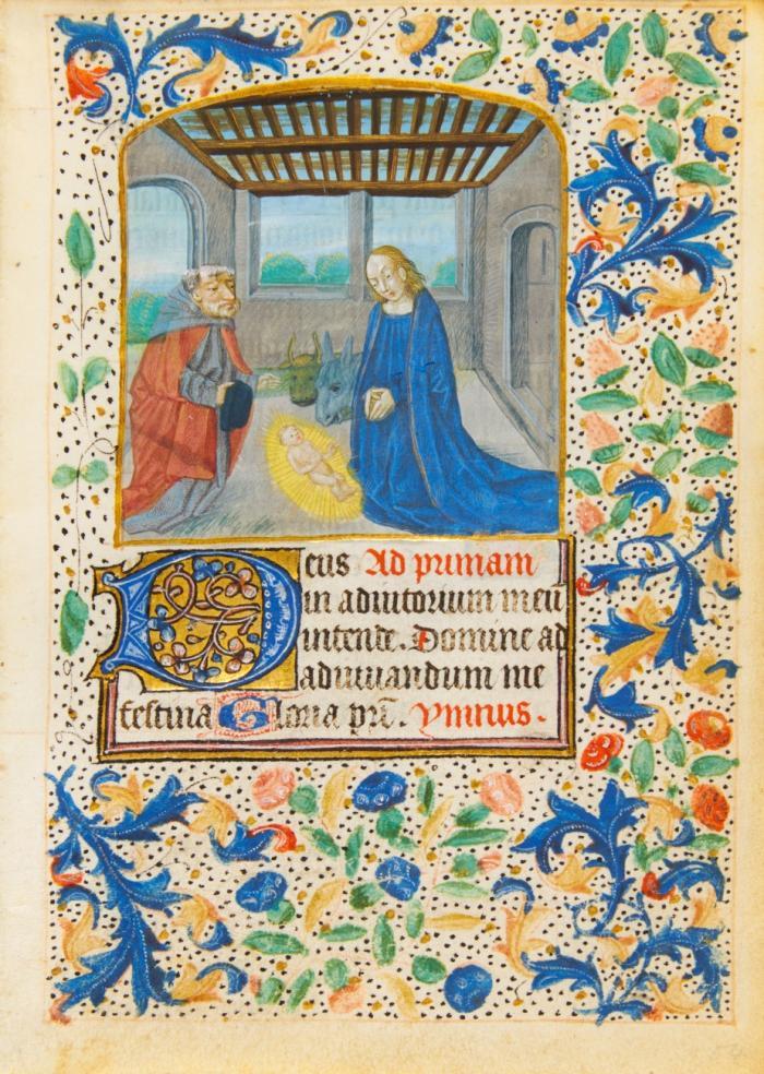 Geburt Christi. Einzelblatt mit Miniatur aus lat. Stundenbuch. Handschrift auf Pergament.