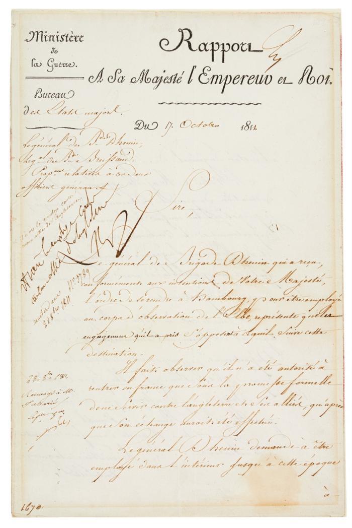 E. Randvermerk mit U. (Np) auf einem Rapport des Kriegsministers H.-J.-G. Clarke, Duc de Feltre.