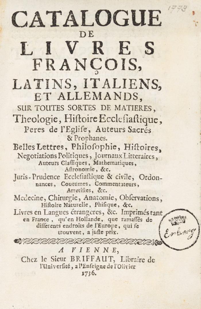 Catalogue de livres François, Latins, Italiens, et Allemands ...