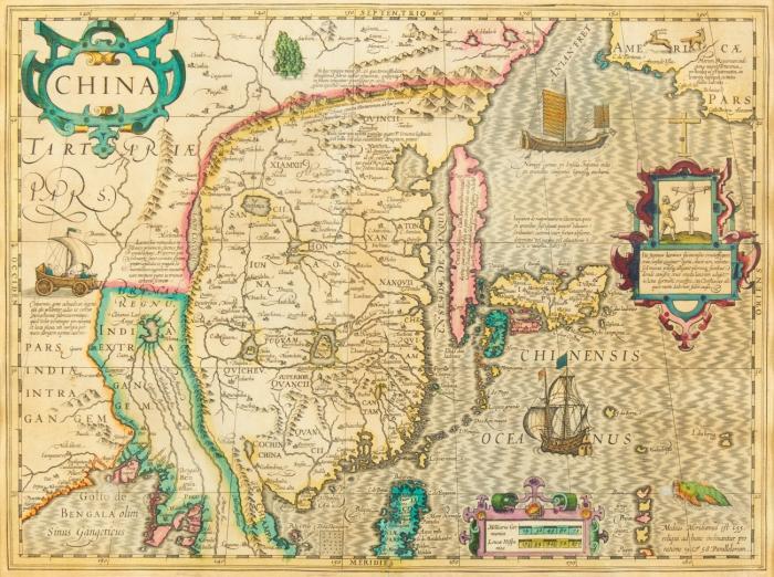 China. - China Tartariae pars, mit dem Nordosten Indiens und dem Golf von Bengalen, Korea (als Insel), Japan und einem Teil der Nordwestküste Amerikas. Mit Rollwerkkartuschen, Meilenzeiger, figürlichen Szenen sowie Tier-, Schiffsstaffage und Segelwagen.