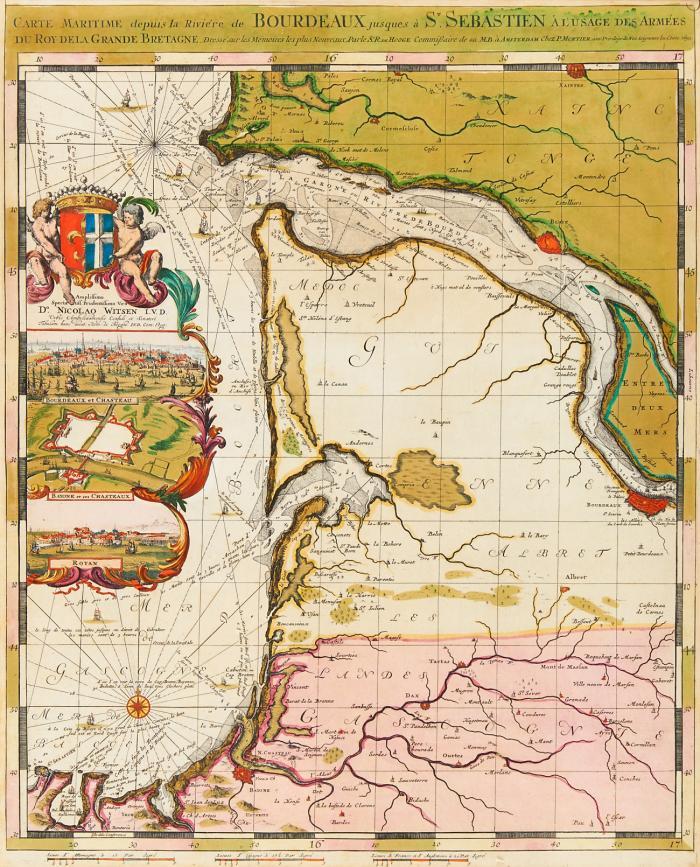 Frankreich. - Bordeaux. - Carte maritime depuis la Rivière de Bourdeaux jusques a St Sebastien al'usage des armees du Roy de la Grande Bretagne, Seekarte der Gegend um Bordeaux, mit der Mündung der Garonne, figürlicher Wappenkartusche sowie Inset-Ansichten von Bordeaux, Bayonne und Royan.