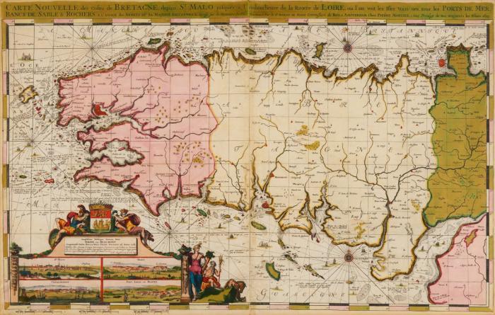 Frankreich/Bretagne. - Carte Nouvelle des Costes De Bretagne depuis St. Malo jusques à l'emboucheure de la Riviere de Loire ... Seekarte mit den vorgelagerten Inseln, figürlicher Kartusche und Inset-Ansichten von Saint-Malo, Brest, Conquerneau und Port-Louis.
