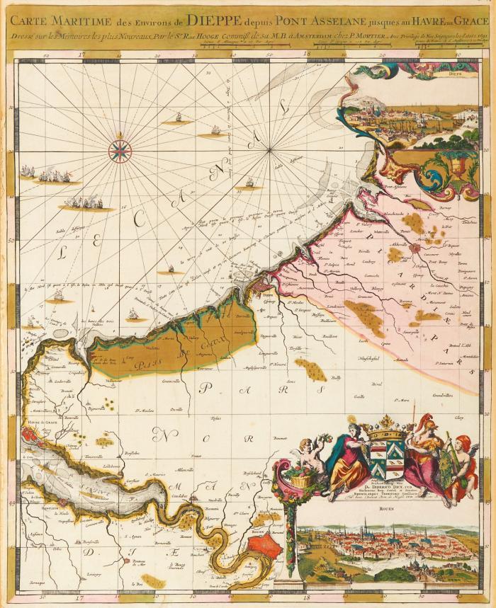 Frankreich/Normandie. - Carte Maritime des Environs de Dieppe depuis Pont Asselane jusques au Havre de Grace, Seekarte mit dem Gebiet ab der Seine-Mündung bis Le Crotoy, mit Insetkarten von Rouen und Dieppe.