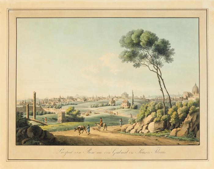 Rom. - Prospect von Rom mit dem Grabmal des Kaisers Tiberius, Gesamtansicht mit Blick auf die Engelsburg, rechts davon der Petersdom, links das Augustusmausoleum.