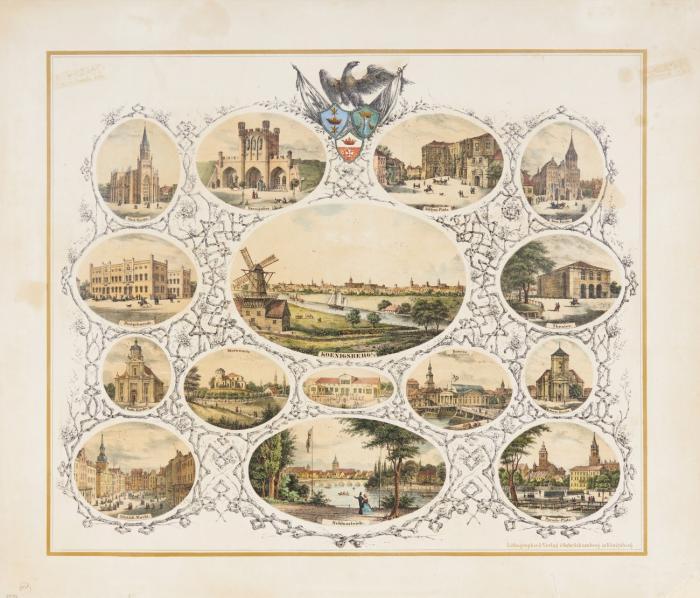 Kaliningrad. Königsberg, Erinnerungsblatt mit zentraler Gesamtansicht im Oval (ca. 13,5 x 20 cm) und 14 ovalen Teilansichten u.a. vom Altstädter Markt, Schlossteich, Paradeplatz, Schlossplatz etc. Um 1840.