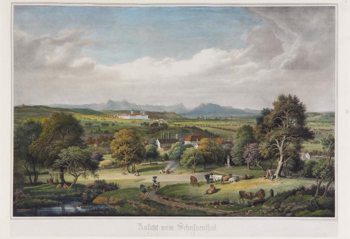 Weingarten. - Ansicht vom Schussenthal, mit Blick auf das Kloster Baindt, dahinter Weingarten, links davon Waldburg.