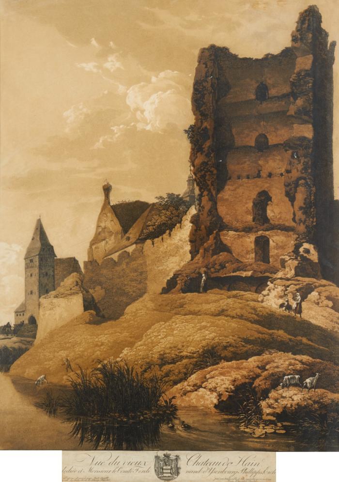 Burg Hayn. Vue du vieux Chateau de Hain, Ansicht mit dem Untertor, Pallas, Burgkirche und Überresten des alten Wohnturms, im Vordergrund der Hengstbach mit Staffagefiguren.